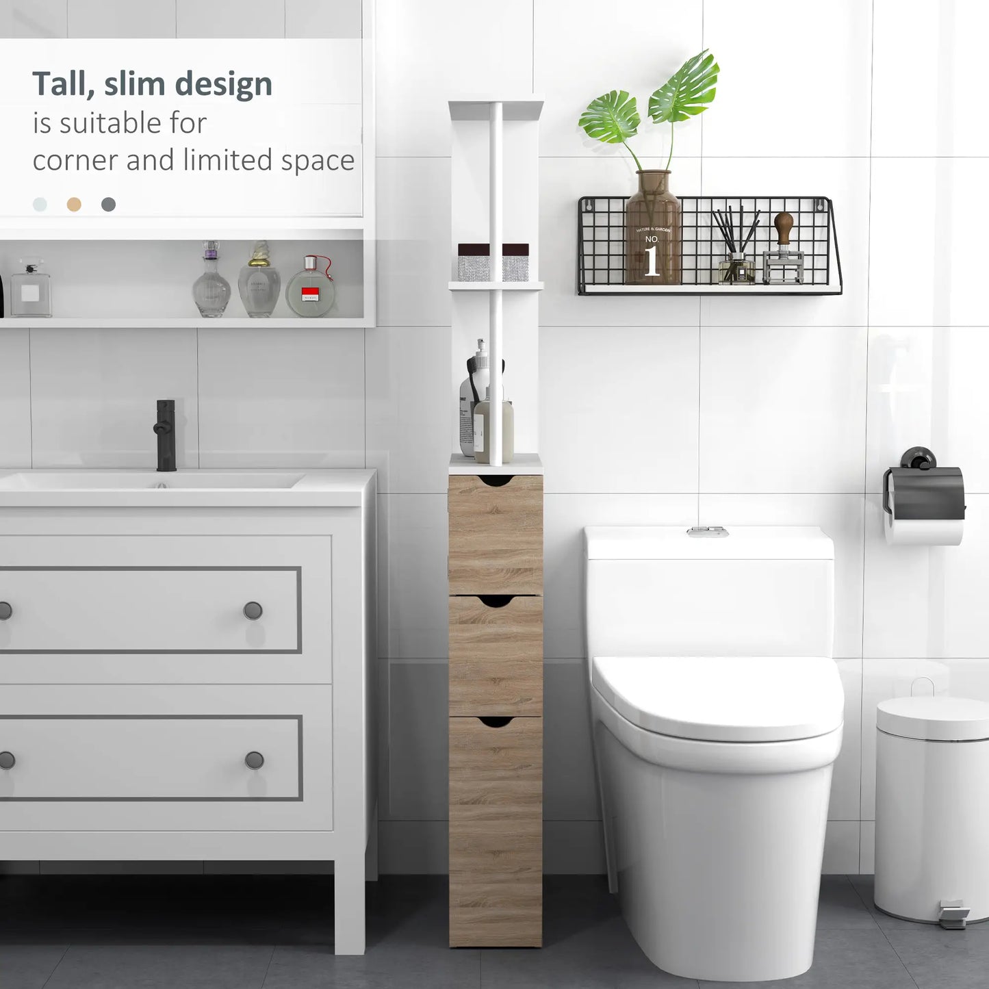 Tall Bathroom Storage Cabinet, Narrow Bathroom Cabinet with Drawers and Open Shelves for Small Spaces, Natural Wood Freestanding Bathroom Cabinets at Gallery Canada