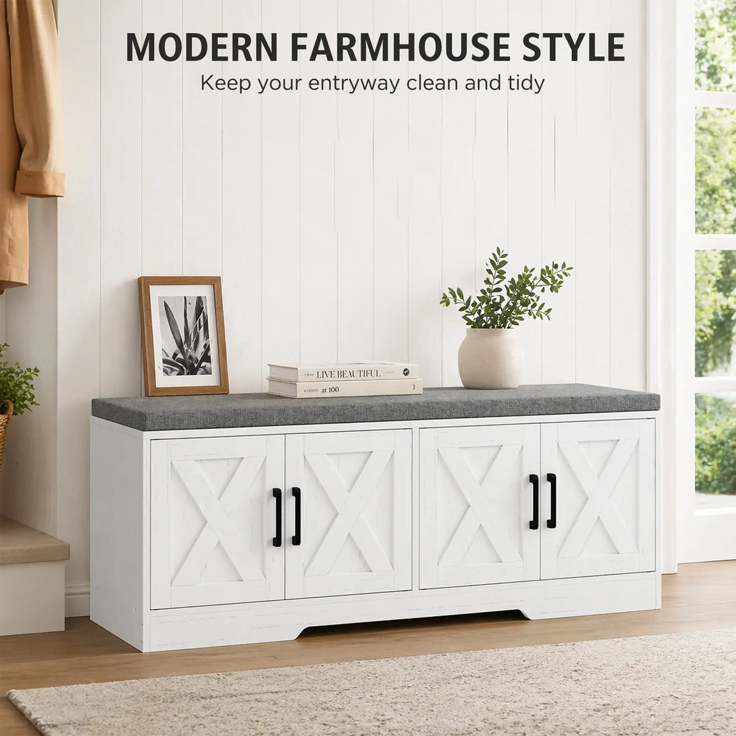 Shoe Bench With Cushion, Adjustable Shelves, White