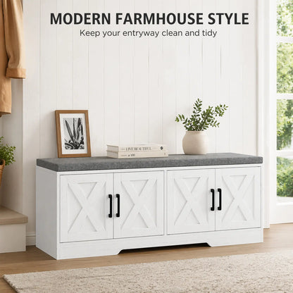 Shoe Bench With Cushion, Adjustable Shelves, White