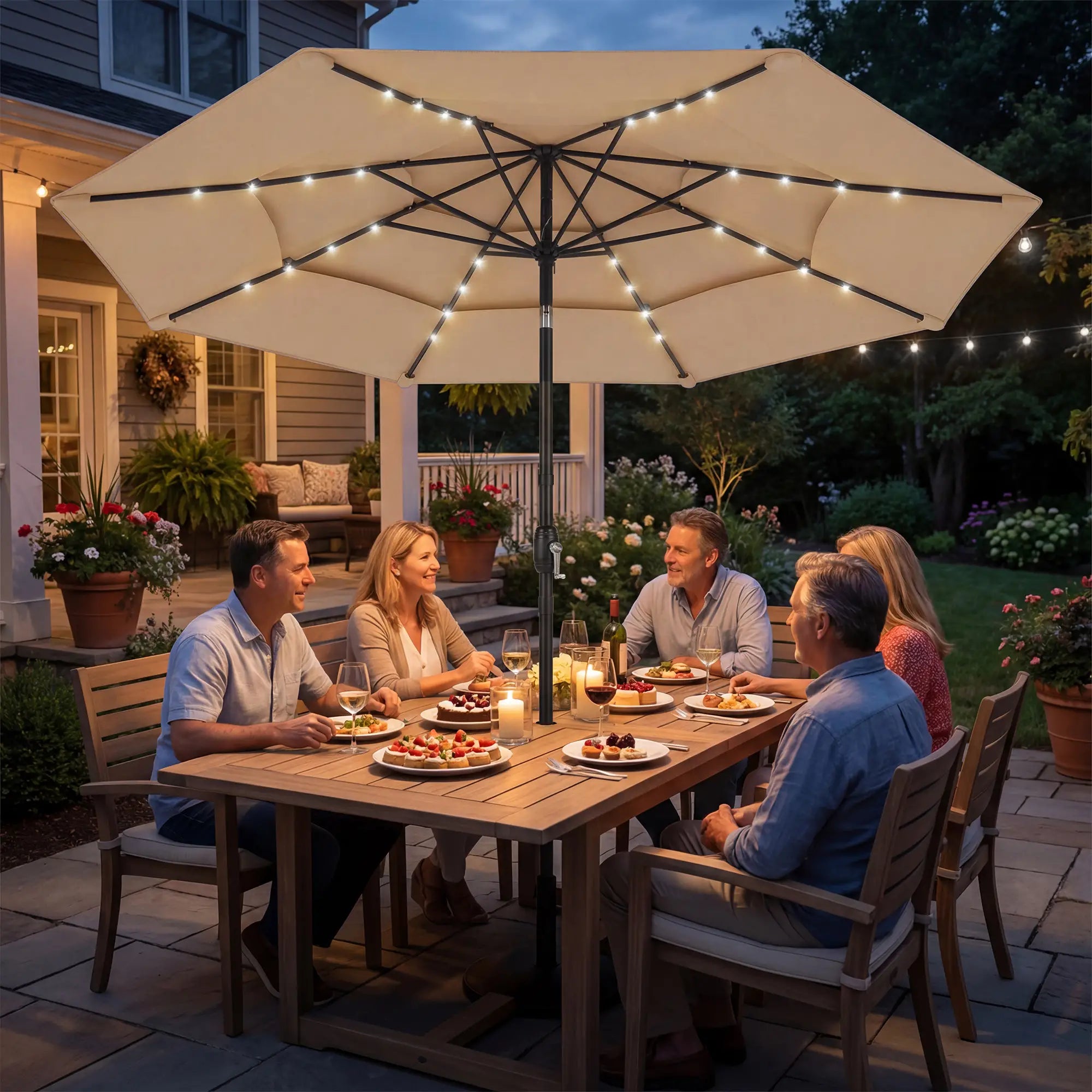9.3 ft Patio Umbrella With Solar LED Lights, Cover, Tilt, Crank, Khaki Sun Umbrellas at Gallery Canada