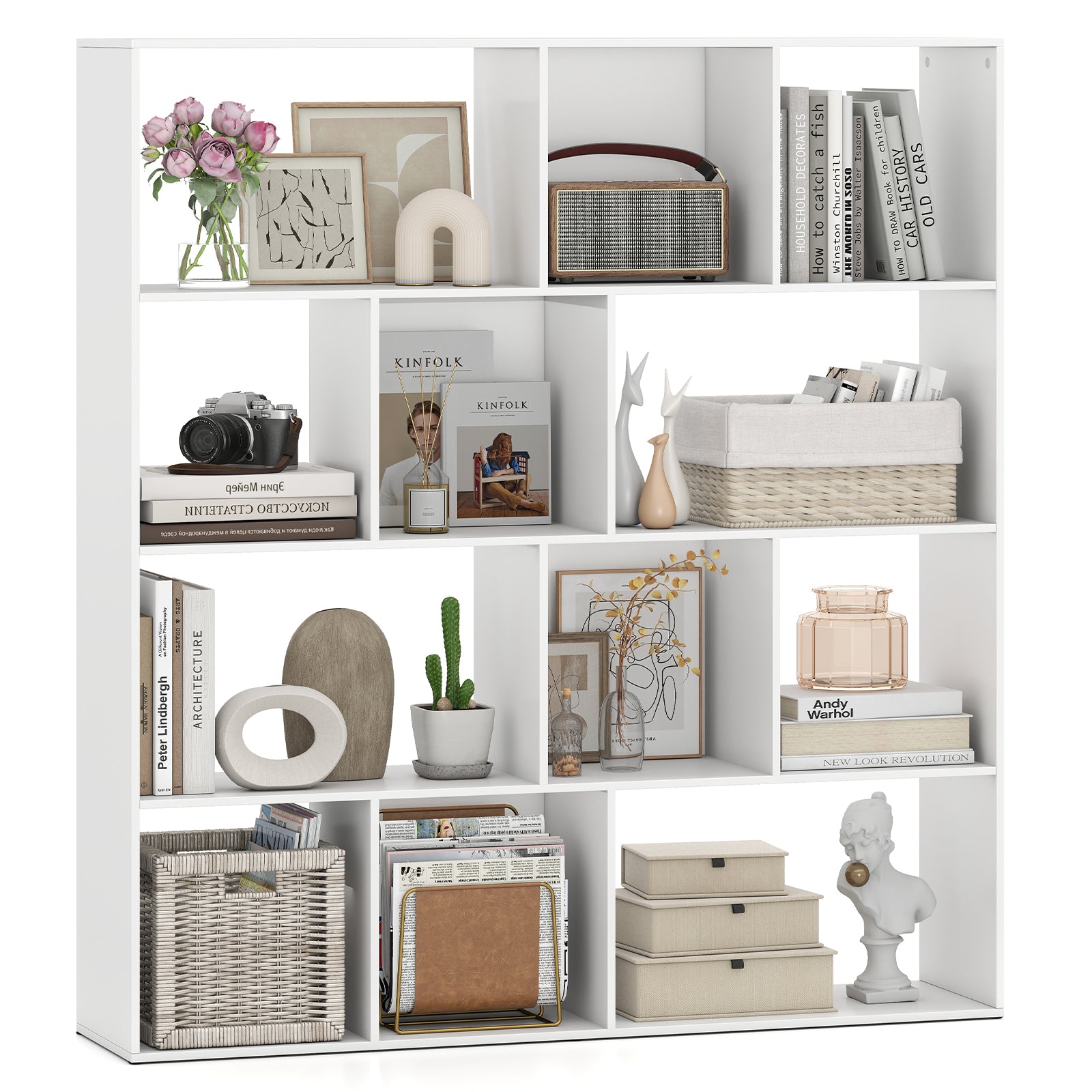 Open Shelf Bookcase 4-Tier Modern Bookshelf with 12 Storage Compartments, White Bookcases White at Gallery Canada