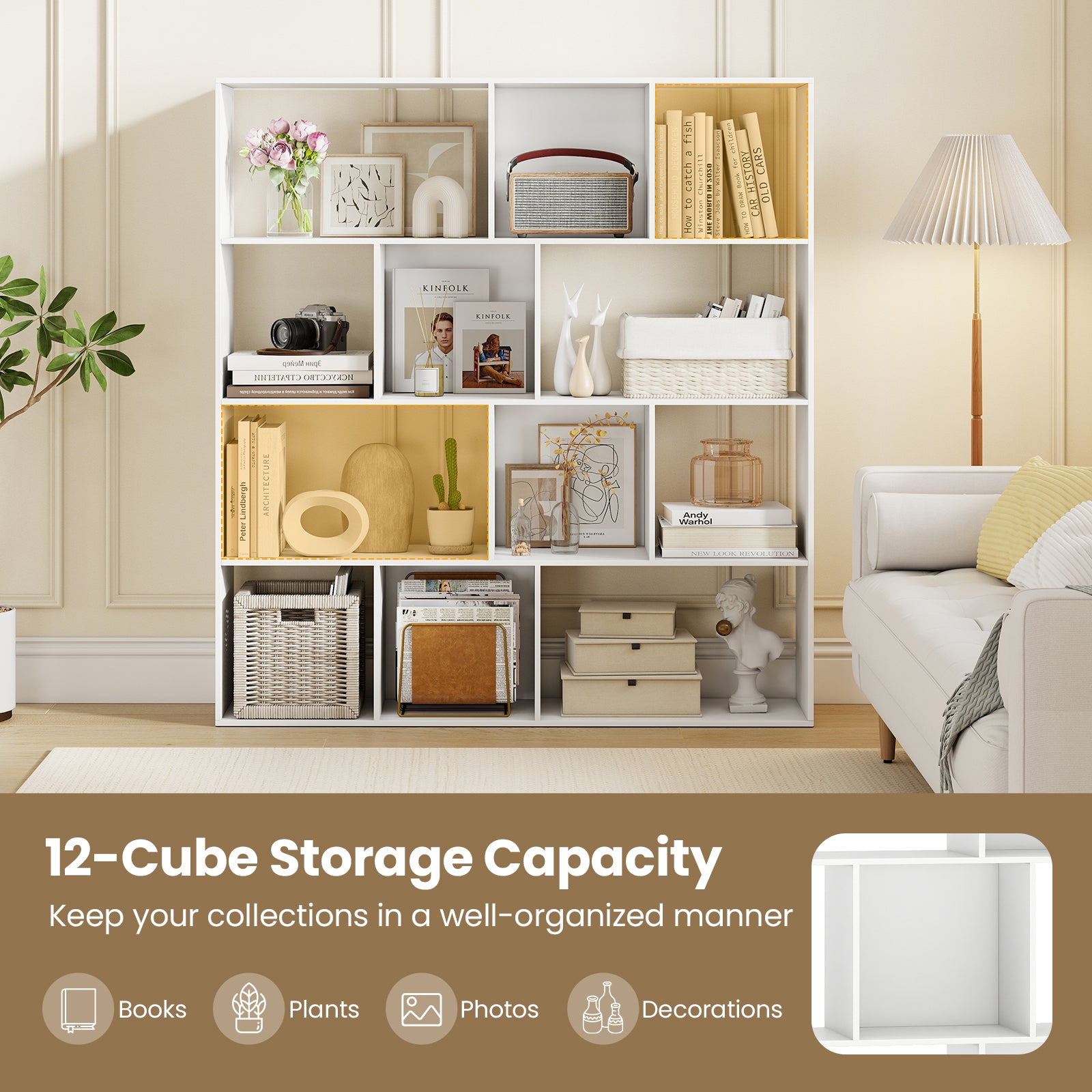 Open Shelf Bookcase 4-Tier Modern Bookshelf with 12 Storage Compartments, White Bookcases at Gallery Canada