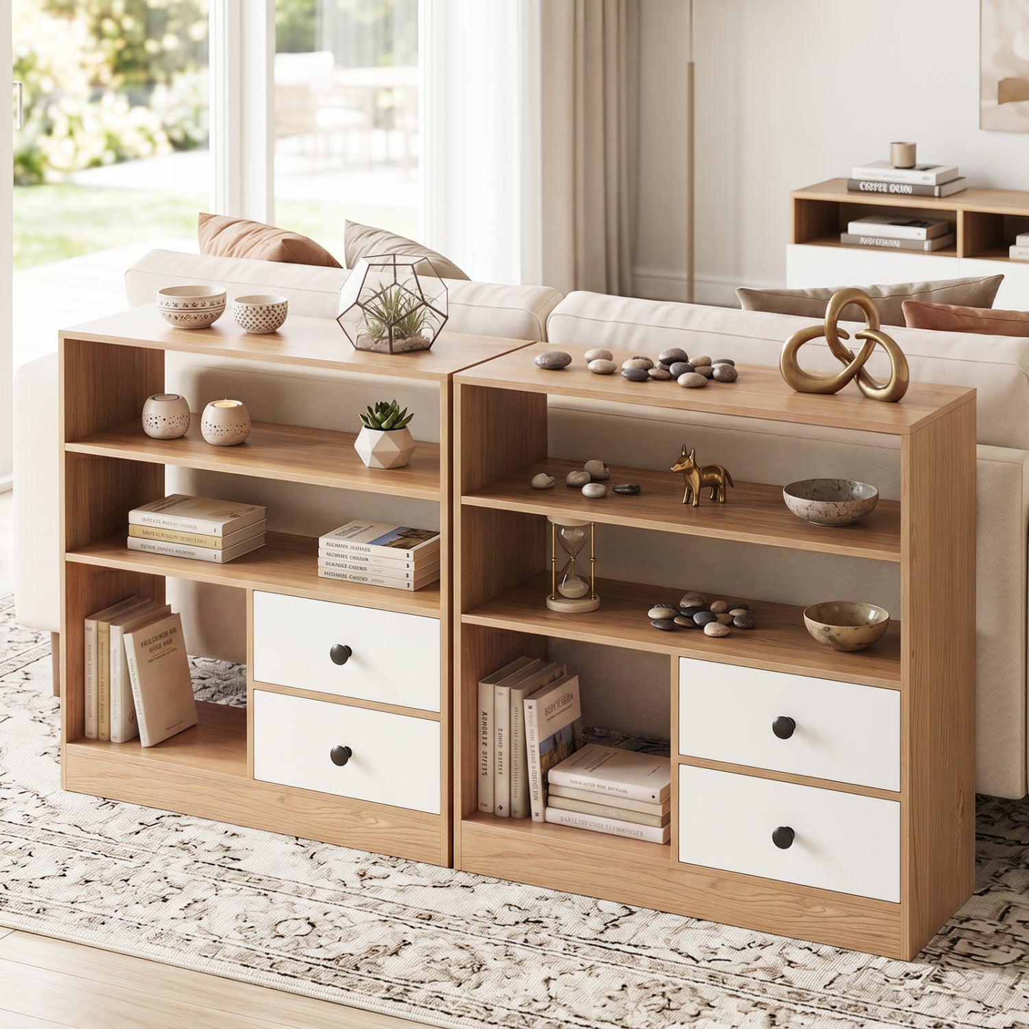 Open Storage Cabinet with 3 Open Compartments and 2 Drawer, Natural Furniture at Gallery Canada