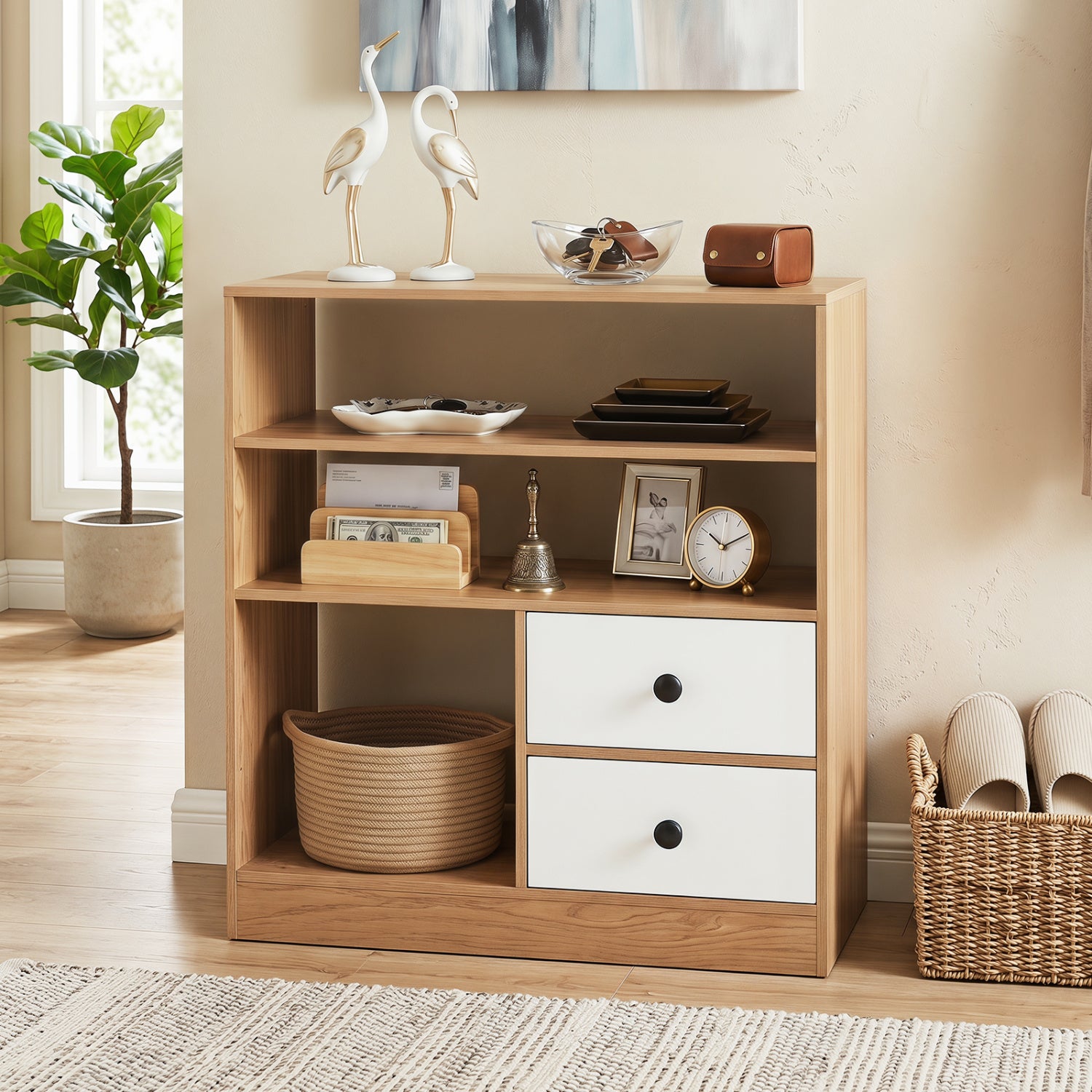 Open Storage Cabinet with 3 Open Compartments and 2 Drawer, Natural Furniture at Gallery Canada