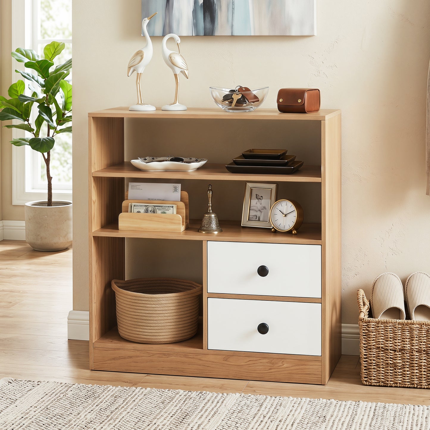 Open Storage Cabinet with 3 Open Compartments and 2 Drawer, Natural Furniture at Gallery Canada