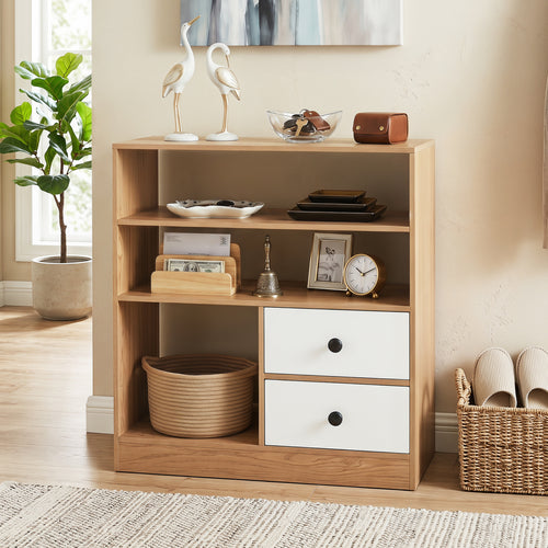 Open Storage Cabinet with 3 Open Compartments and 2 Drawer, Natural