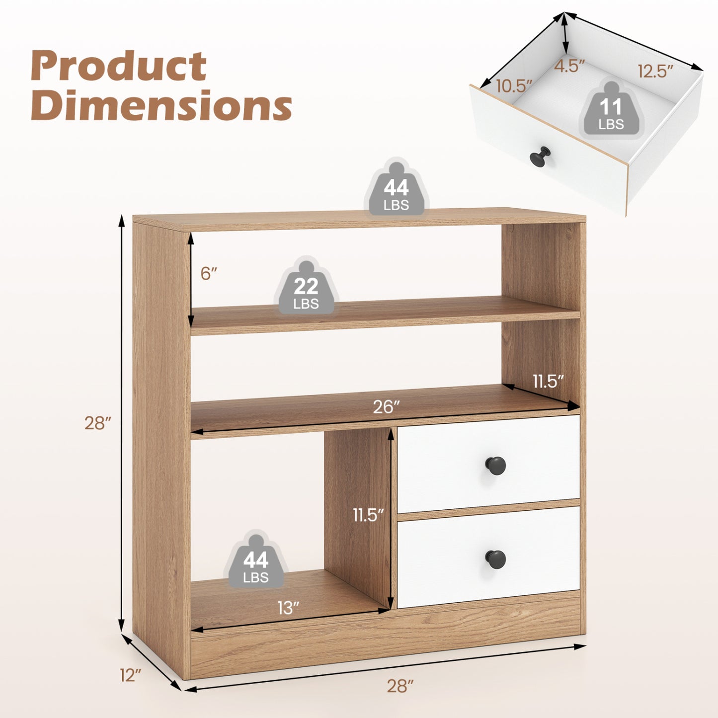 Open Storage Cabinet with 3 Open Compartments and 2 Drawer, Natural Furniture at Gallery Canada
