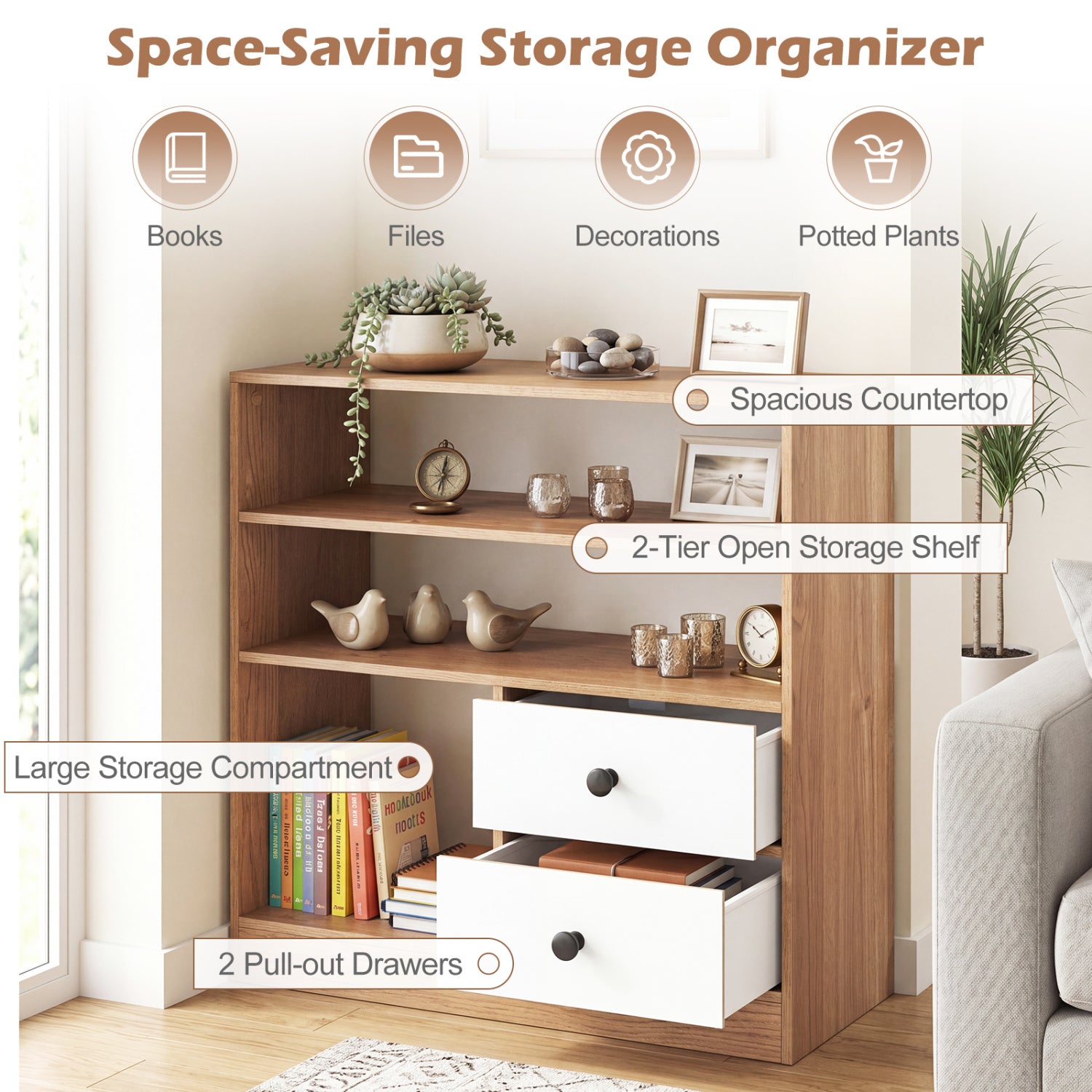 Open Storage Cabinet with 3 Open Compartments and 2 Drawer, Natural Furniture at Gallery Canada