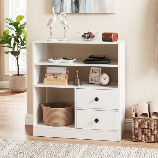 3-Compartment Open Storage Cabinet With 2 Drawers, White Console Tables White at Gallery Canada