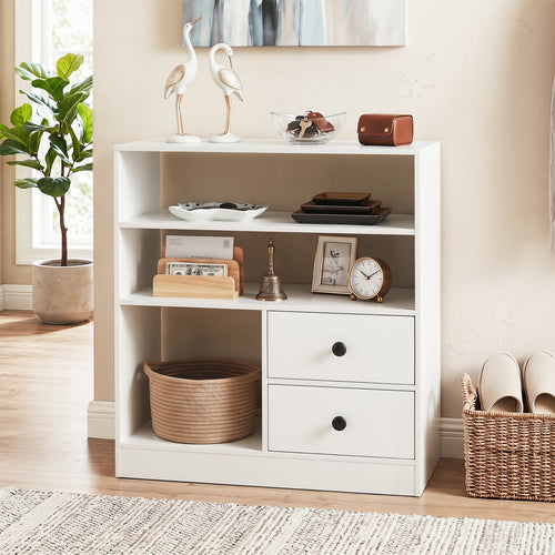 3-Compartment Open Storage Cabinet With 2 Drawers, White