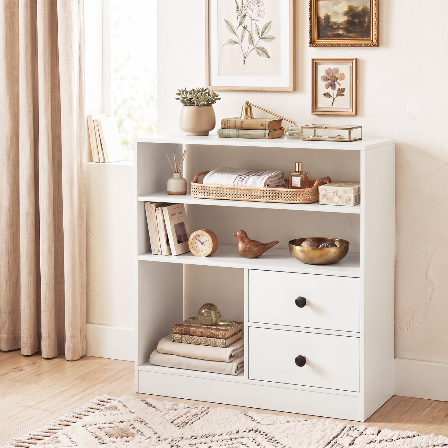 3-Compartment Open Storage Cabinet With 2 Drawers, White