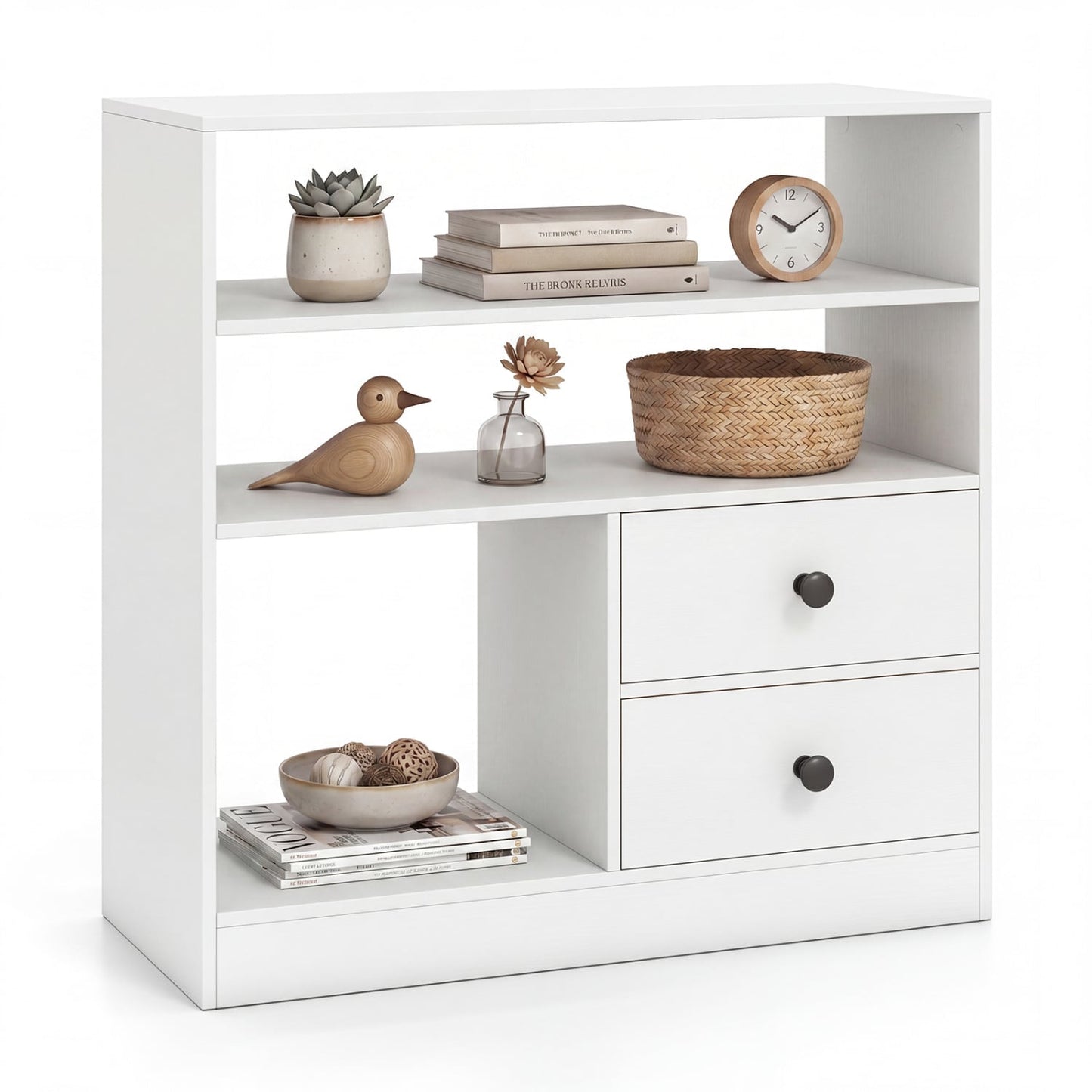 3-Compartment Open Storage Cabinet With 2 Drawers, White
