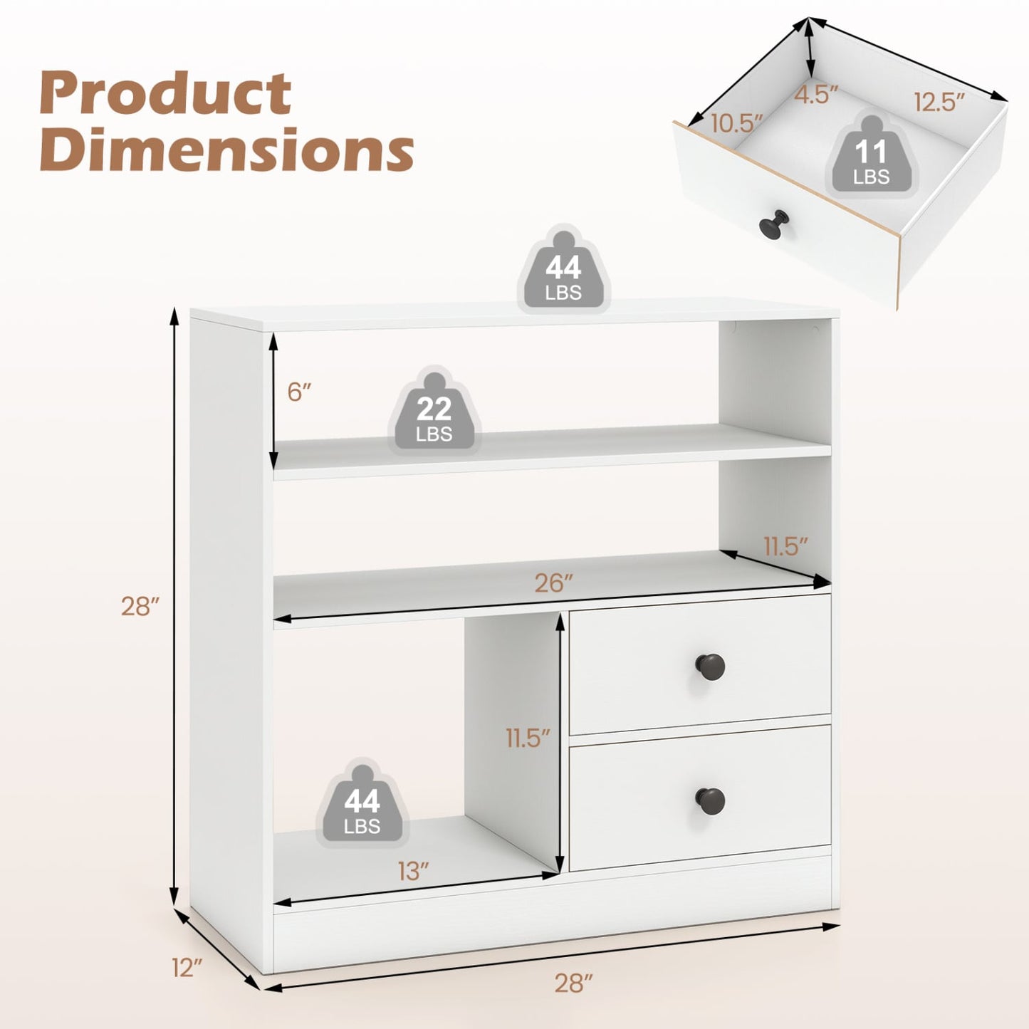 3-Compartment Open Storage Cabinet With 2 Drawers, White
