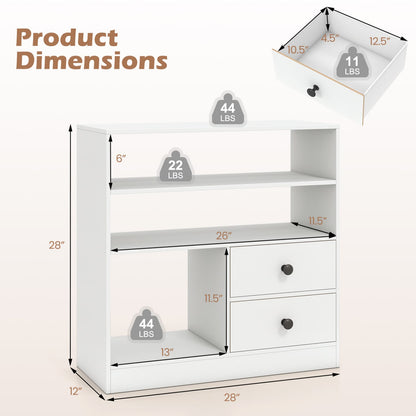 3-Compartment Open Storage Cabinet With 2 Drawers, White