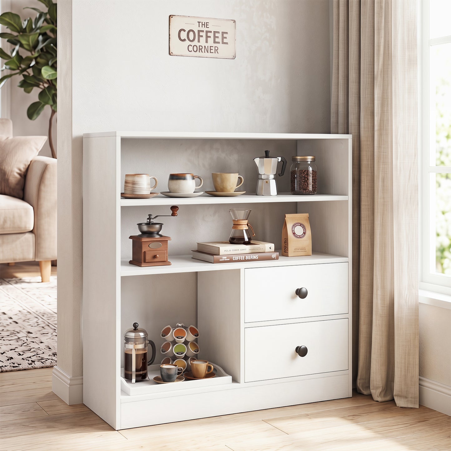 3-Compartment Open Storage Cabinet With 2 Drawers, White