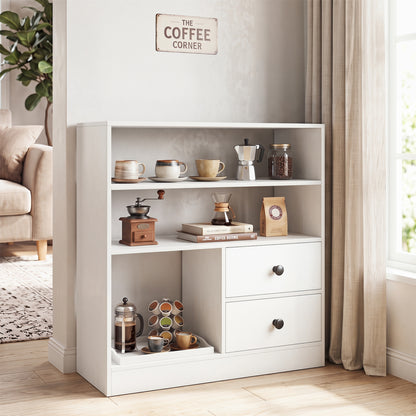 3-Compartment Open Storage Cabinet With 2 Drawers, White