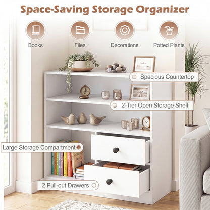 3-Compartment Open Storage Cabinet With 2 Drawers, White