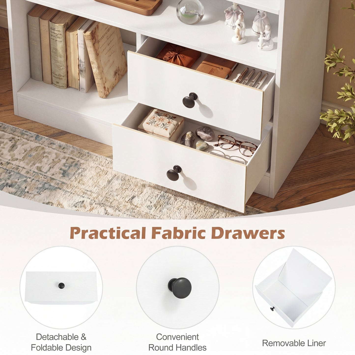3-Compartment Open Storage Cabinet With 2 Drawers, White