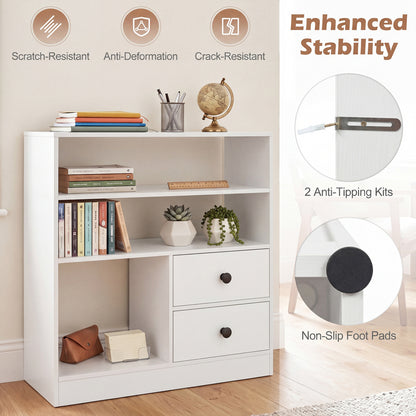 3-Compartment Open Storage Cabinet With 2 Drawers, White