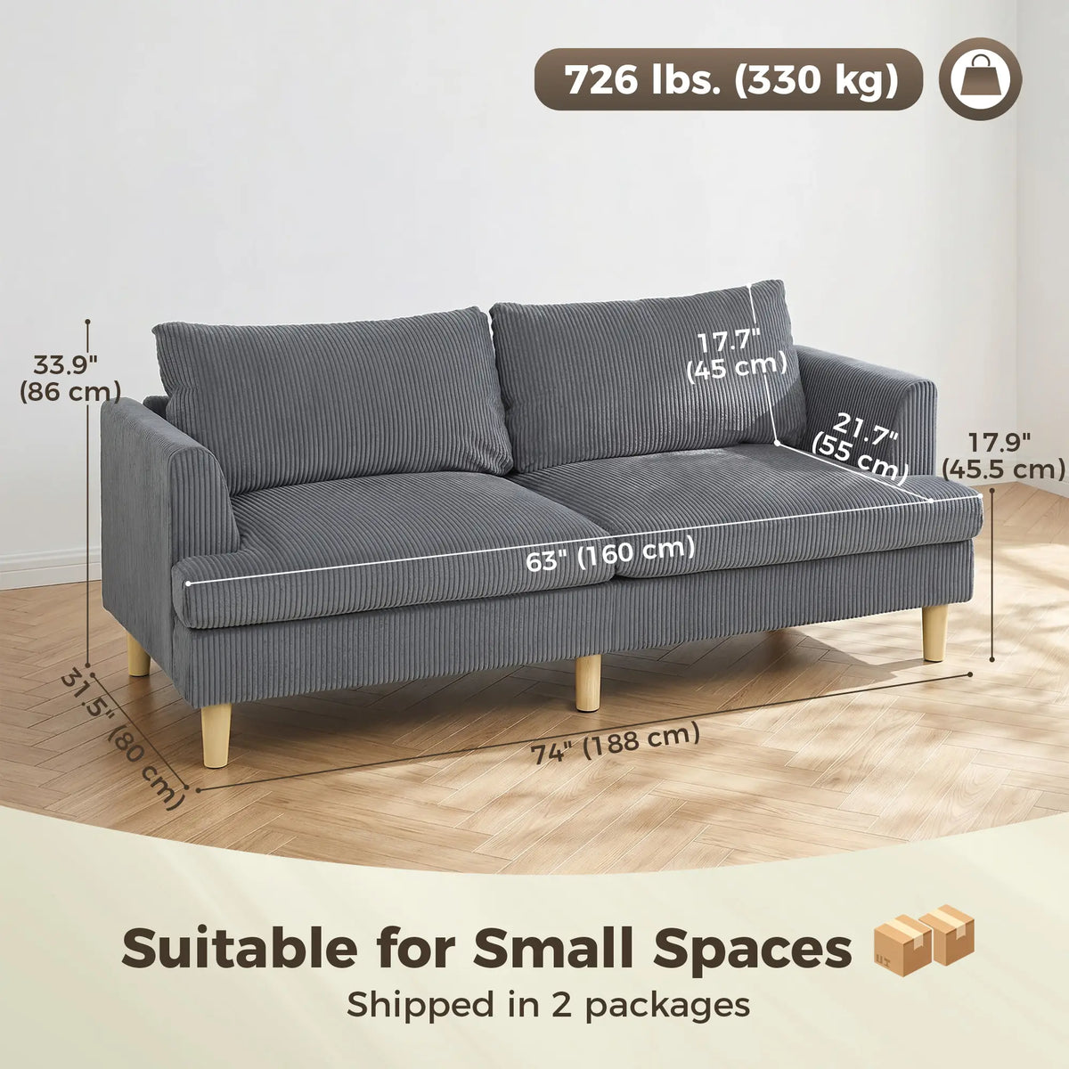 3 Seater Sofa, 74" Corduroy Couch, Solid Wood Legs, Dark Grey 3-Seater Sofas at Gallery Canada