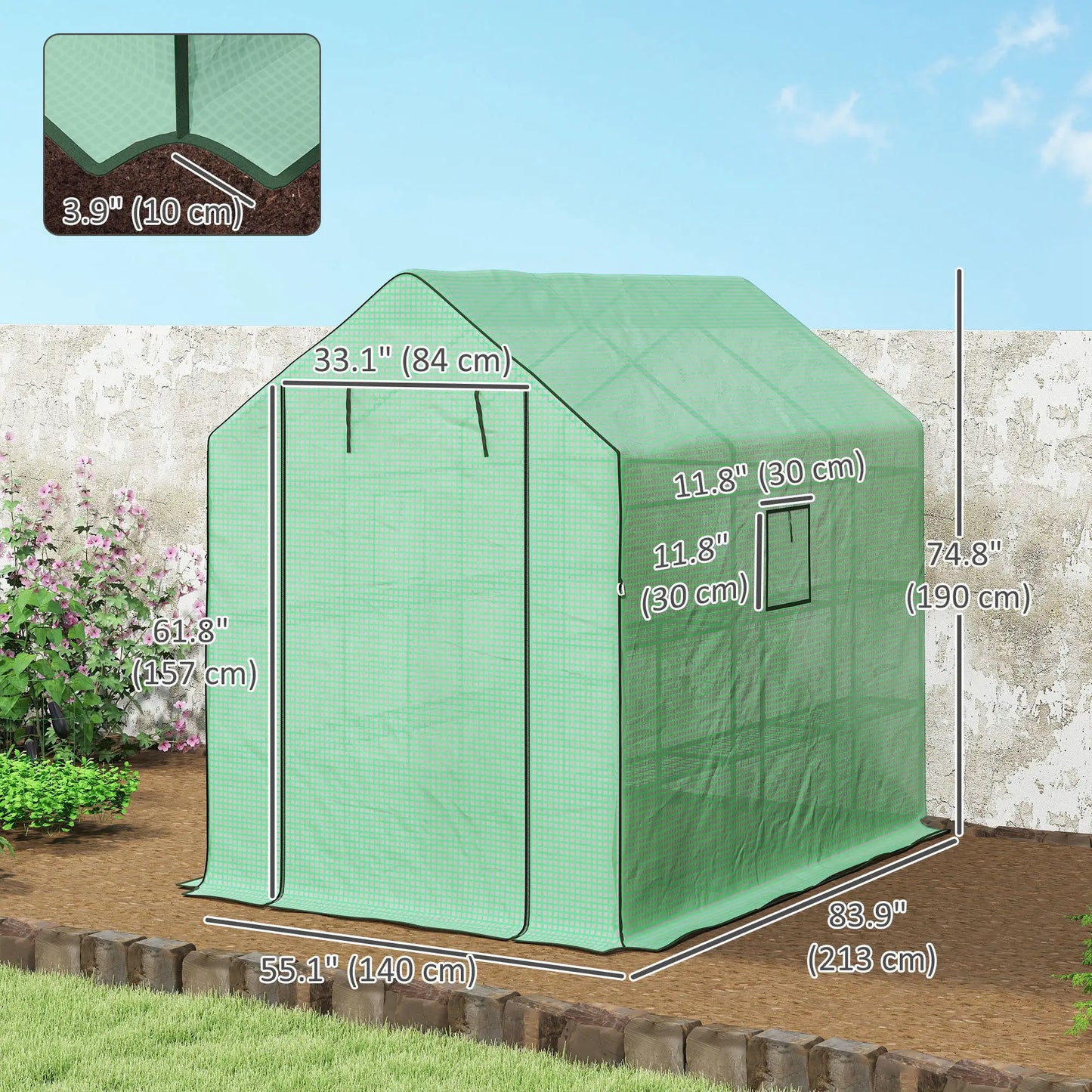 Walk-in Greenhouse, 3 Tier, Roll-up Door, Mesh Windows, 140 x 213 x 190 cm, Green