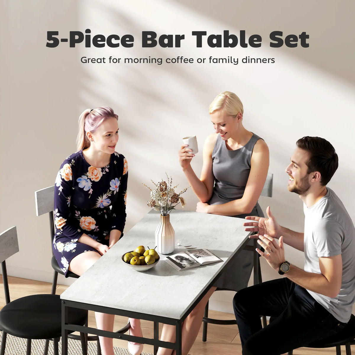 5-Piece Industrial Bar Table Set, 4 Stools with Footrest, Cement Grey Bar Sets at Gallery Canada