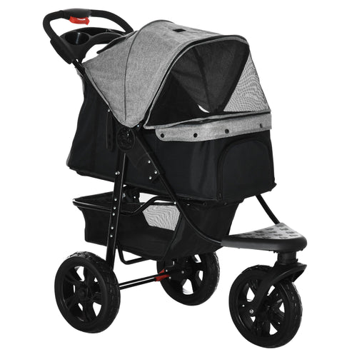 3 Wheel Folding Dog Stroller, Jogger Travel Carrier with Adjustable Canopy, Storage Brake, Mesh Window for S&;M Dogs Grey