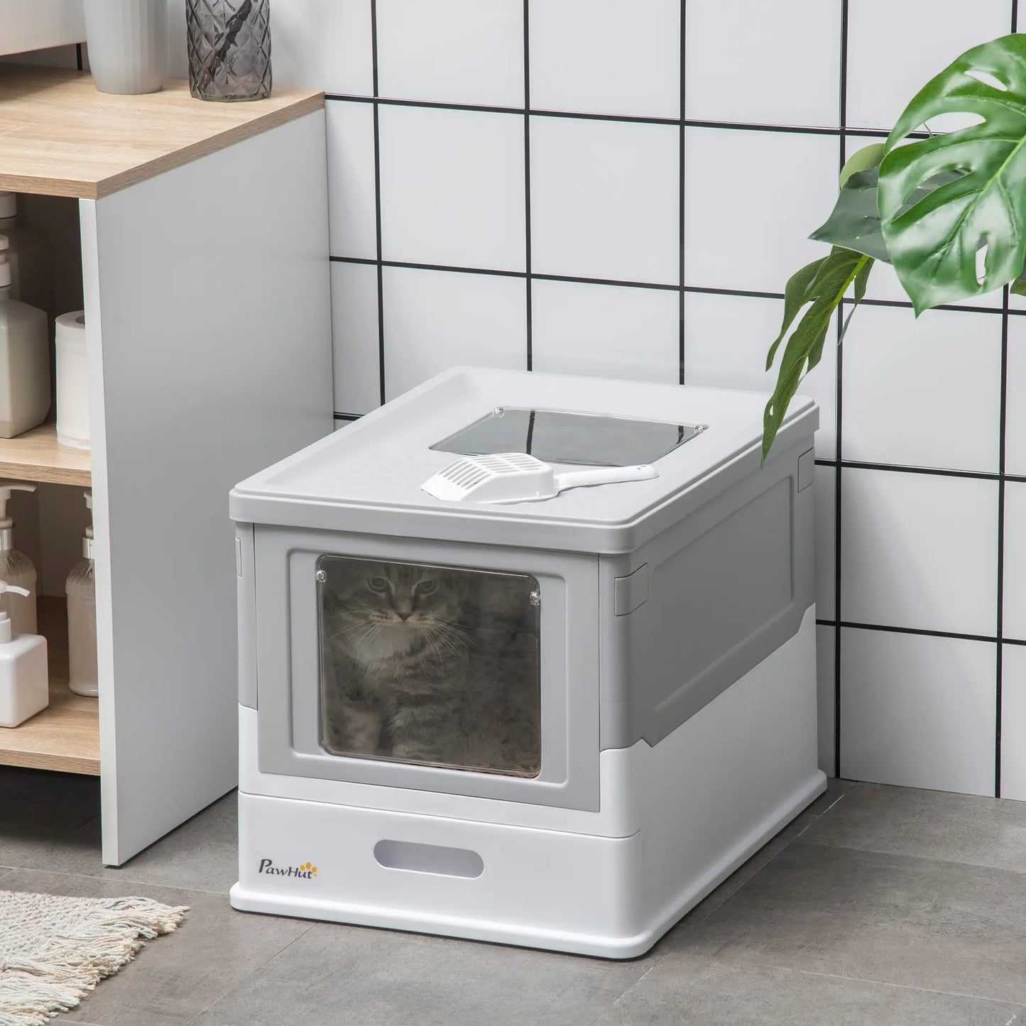Top Entry Enclosed Kitty Litter Box with Scoop, Tray, Large, Grey Cat Litter Box Enclosures at Gallery Canada