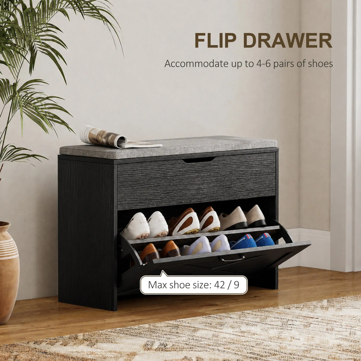 Shoe Storage Bench with Flip Drawer, Lift Top, Seat Cushion, Black Shoe Storage Cabinets & Racks at Gallery Canada