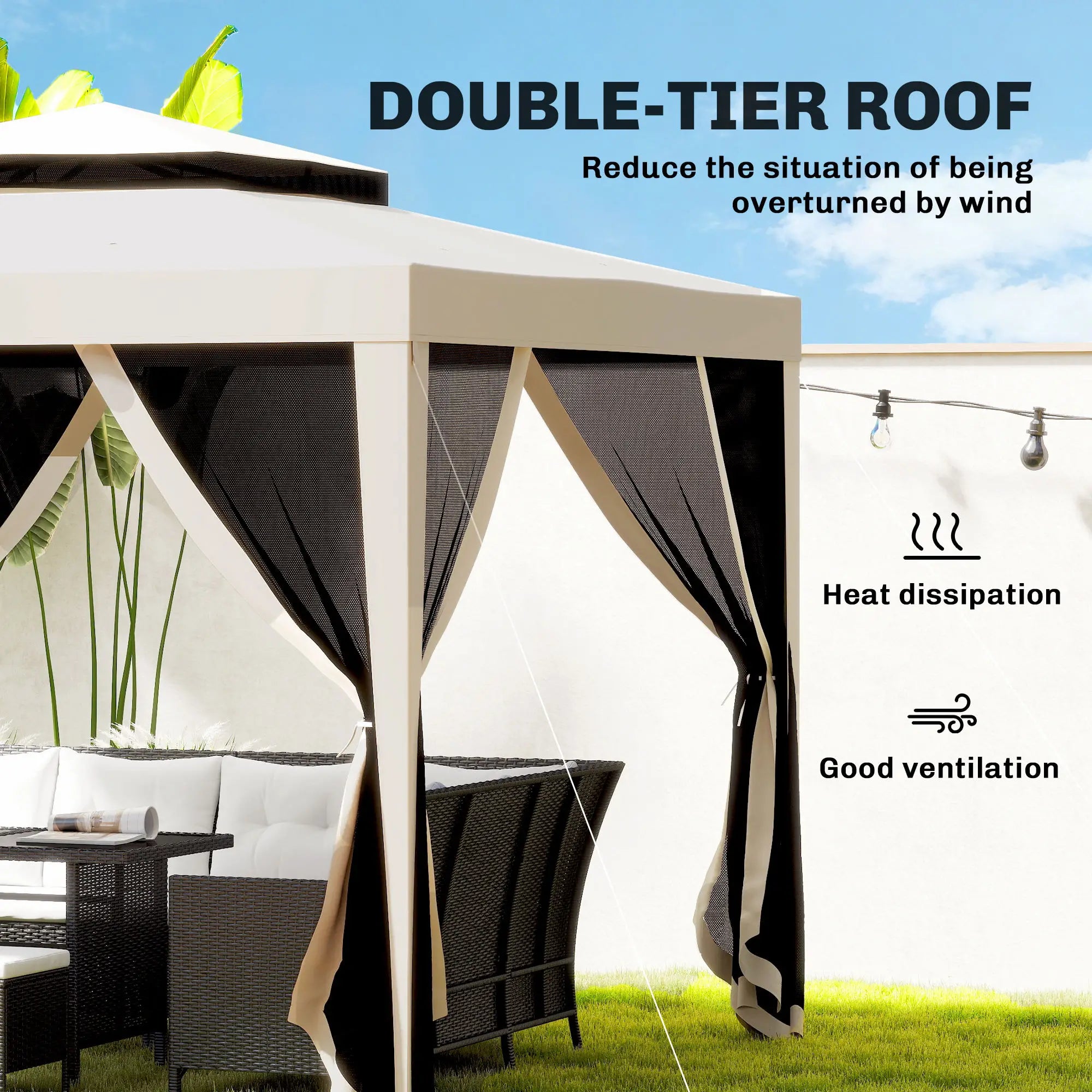 10' x 10' Outdoor Canopy Tent With Mesh Netting, Double Tier Roof, Beige Gazebos at Gallery Canada