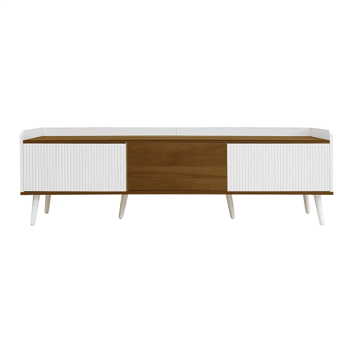 Three Door Stand, Sturdy Wooden Legs, 63" L x 15.5" W x 19.5" H, Natural, White TV Stands White, Natural at Gallery Canada