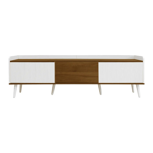 Three Door Stand, Sturdy Wooden Legs, 63" L x 15.5" W x 19.5" H, Natural, White TV Stands White, Natural at Gallery Canada