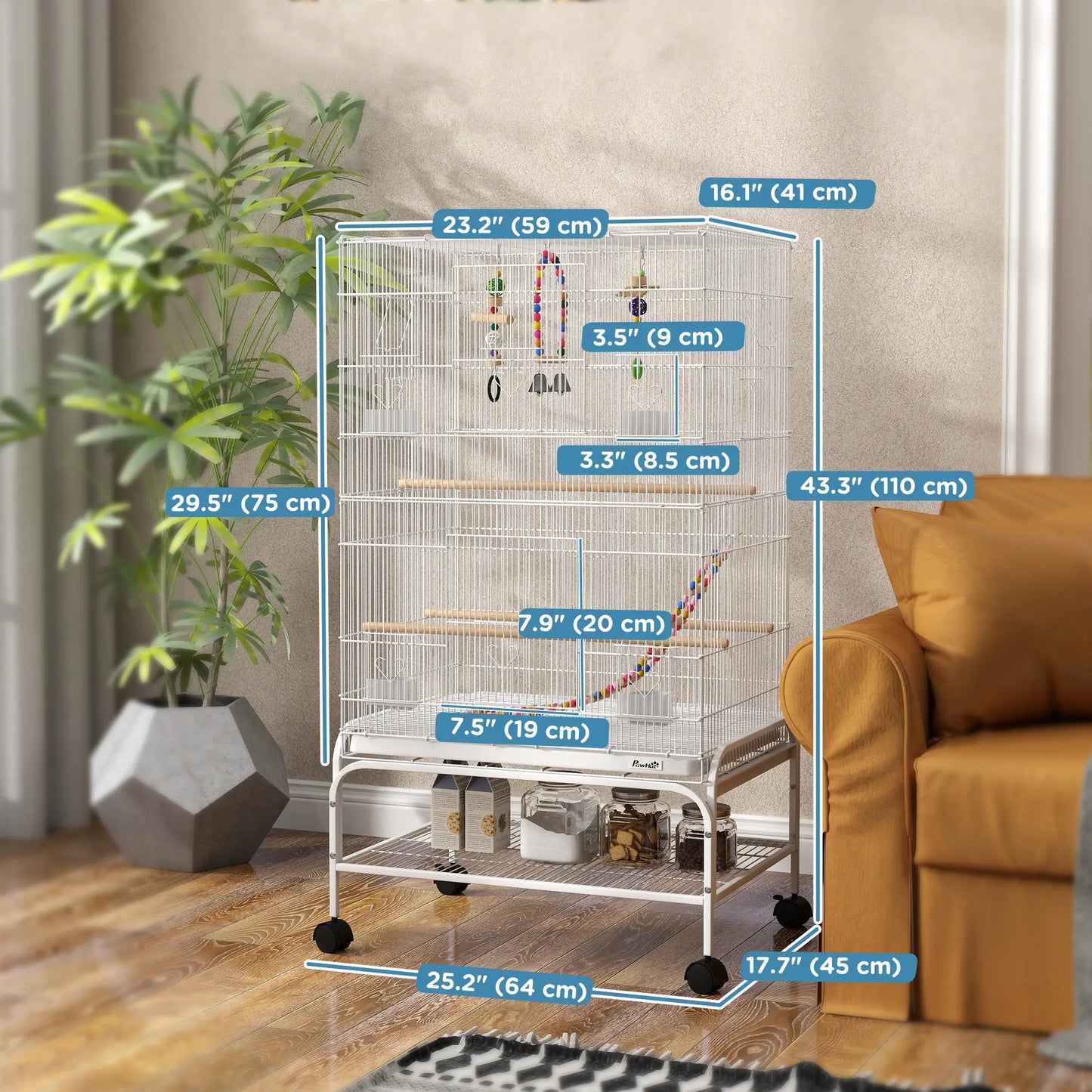 43" Bird Cage With Rolling Stand, Toys, For Budgies Canaries, White Bird Cages at Gallery Canada