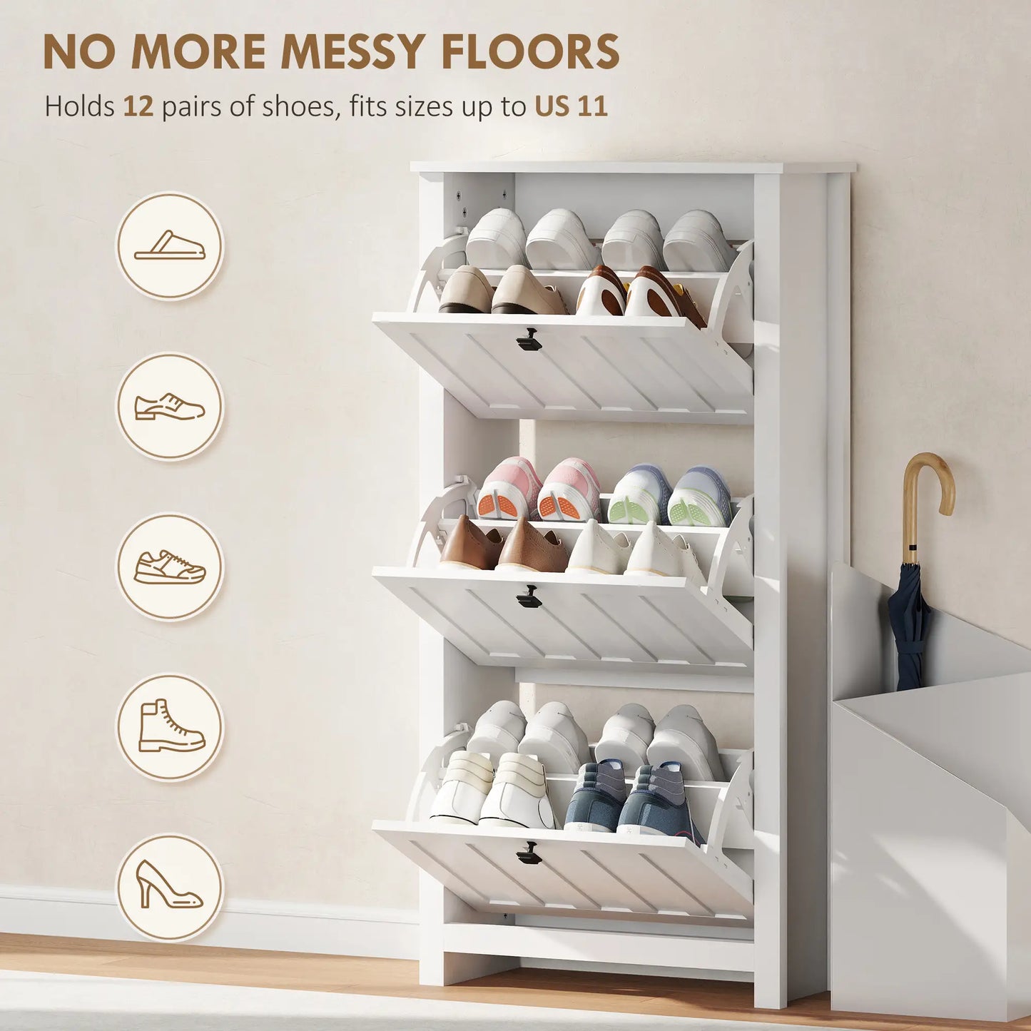 Slim Shoe Cabinet, 3 Flip Drawers, Adjustable Shelves, Holds 12 Pairs, White Shoe Storage Cabinets & Racks at Gallery Canada