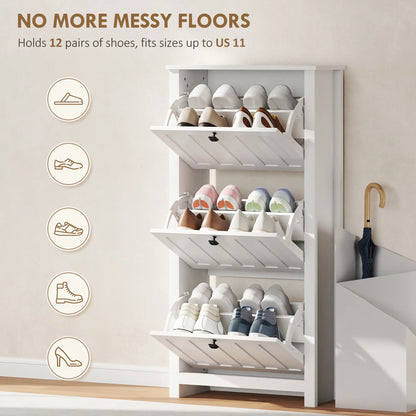 Slim Shoe Cabinet, 3 Flip Drawers, Adjustable Shelves, Holds 12 Pairs, White Shoe Storage Cabinets & Racks at Gallery Canada