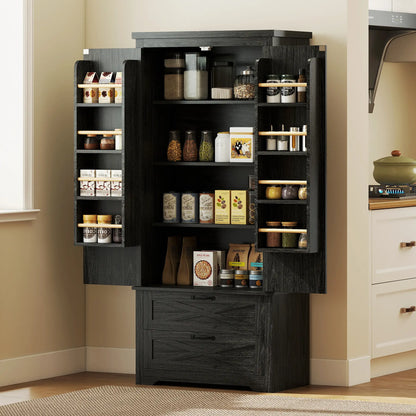 Farmhouse Kitchen Pantry Storage Cabinet, 64 Inch, Distressed Black Kitchen Pantry Cabinets at Gallery Canada