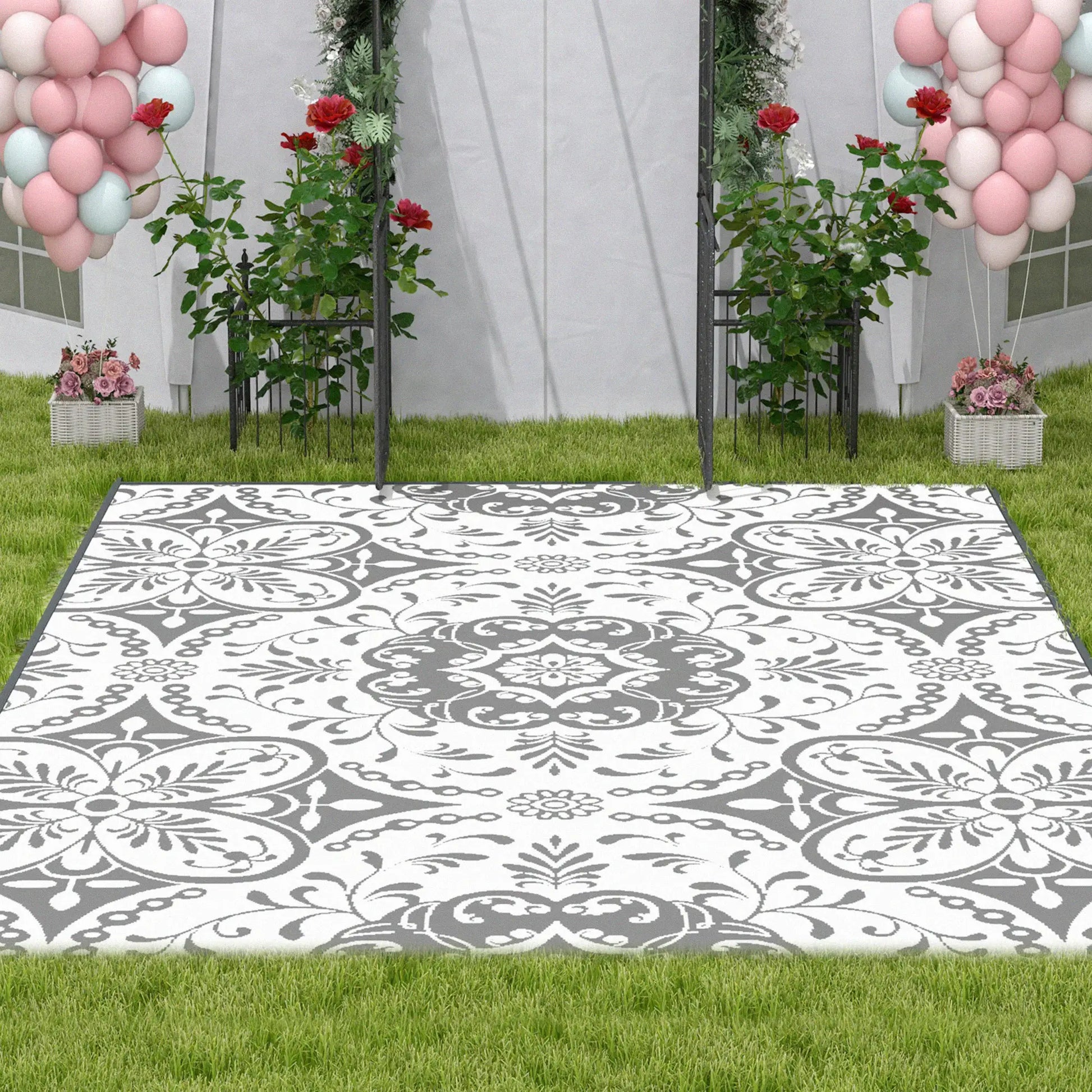 Portable Outdoor Rug, 9' x 12', Waterproof, White Flower, Gray Outdoor Reversible Rugs at Gallery Canada