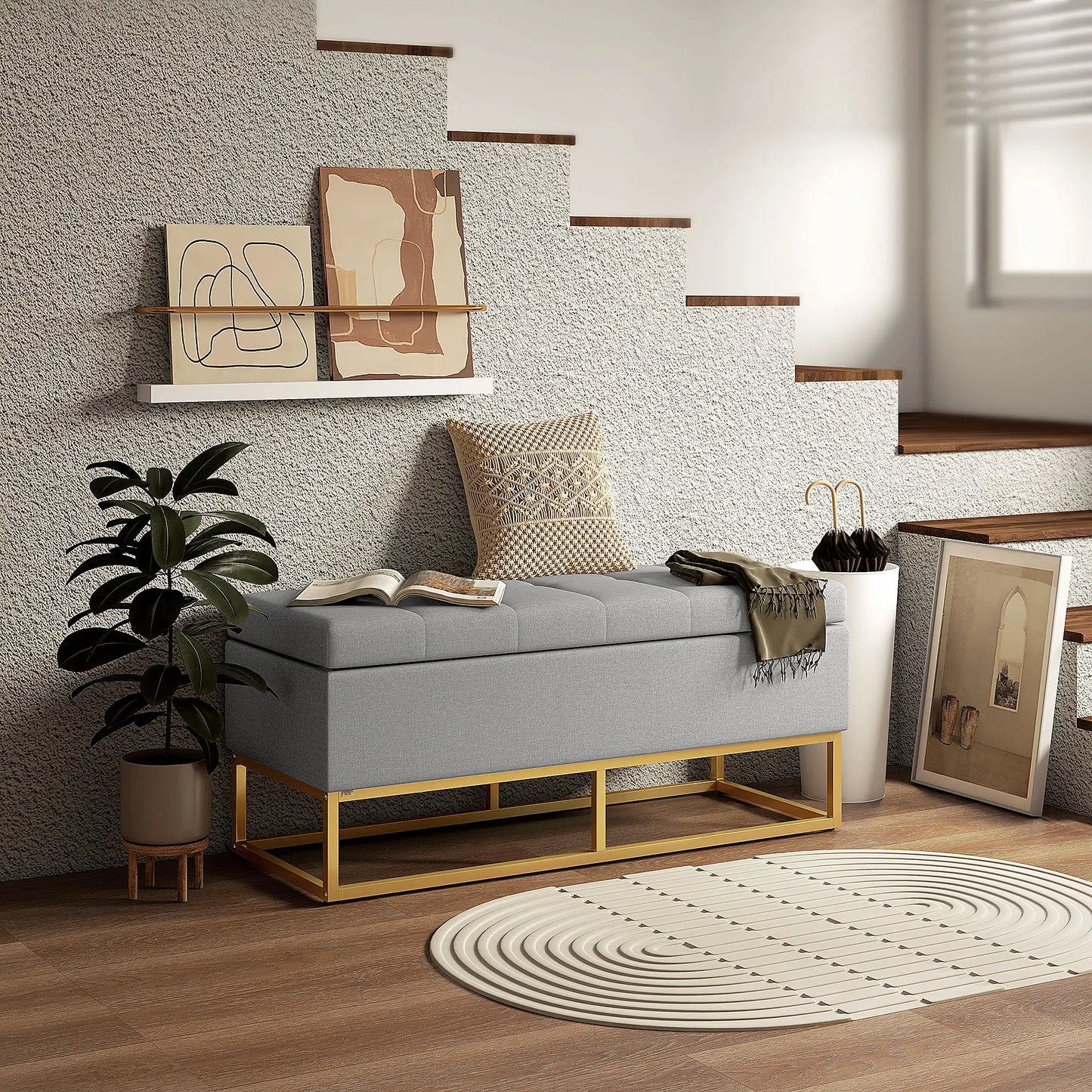 Flip Top Storage Ottoman, Upholstered Bench, Linen Footstool, Grey Storage Ottomans & Benches at Gallery Canada