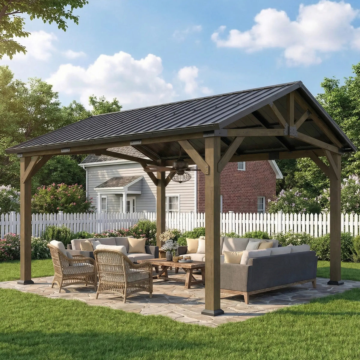 13' x 11' Hardtop Gazebo, Galvanised Metal Roof, Fir Wood Frame, Black Grey