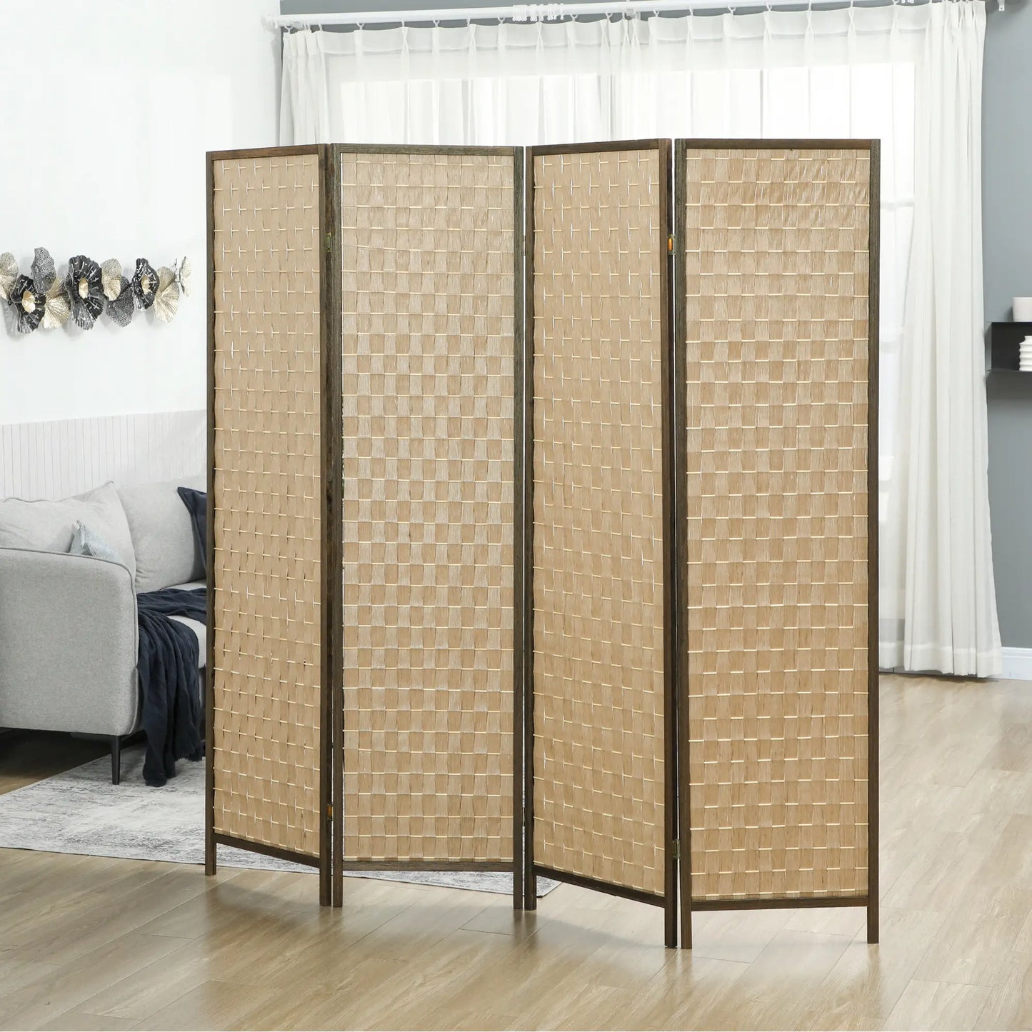 6 FT 4 Panel Folding Privacy Screen, Brown Room Divider, Brown