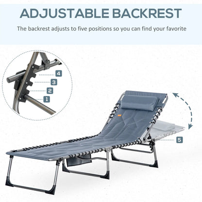 Outdoor Lounge Chair, Folding Chaise, Adjustable Backrest, Pillow, Pocket, Grey Lounger Chairs at Gallery Canada