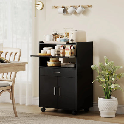 Microwave Cart with Wheels, Open Shelves and Drawer, Black Kitchen Islands & Kitchen Carts at Gallery Canada