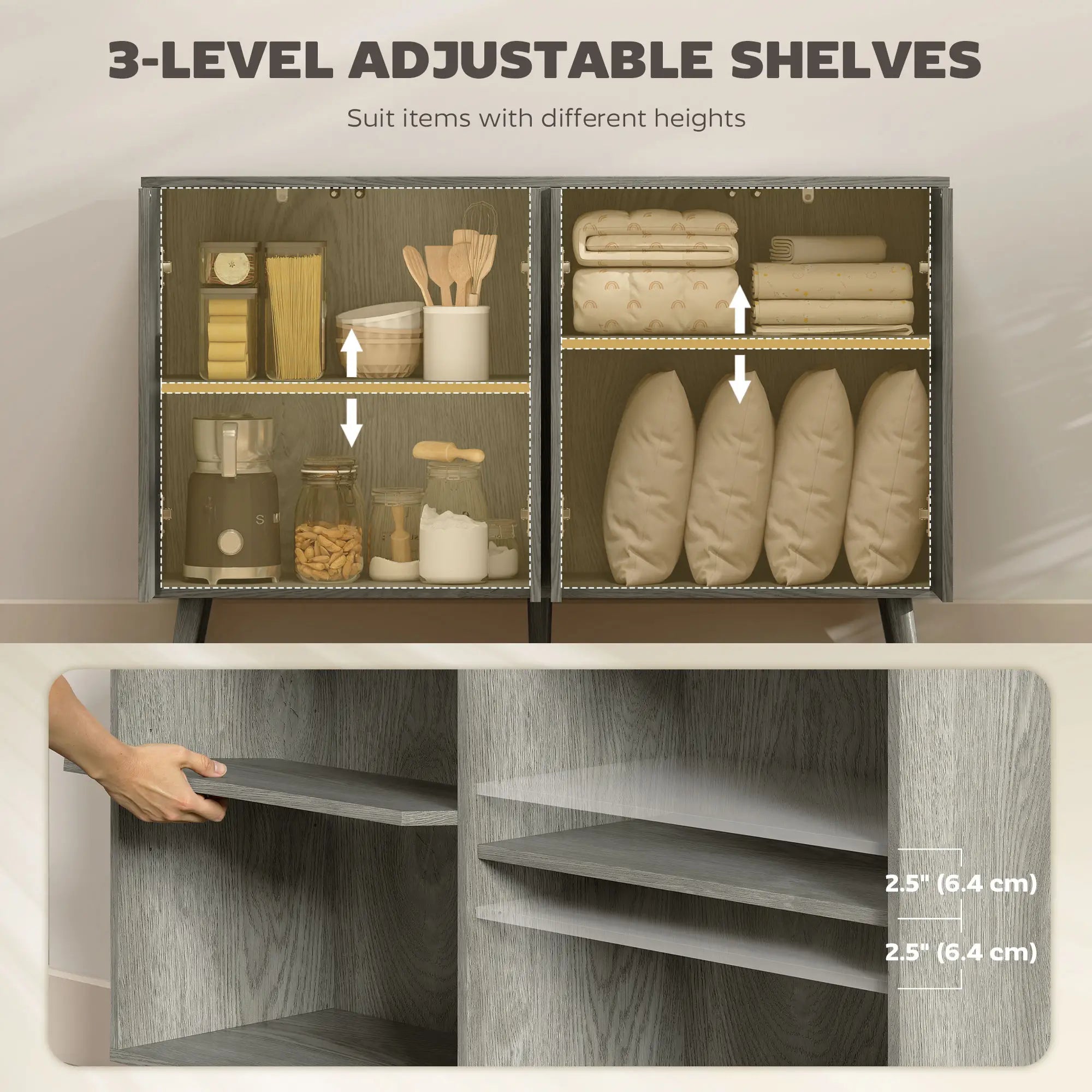 Fluted Sideboard with Adjustable Shelves, Light Grey Bar Cabinets at Gallery Canada