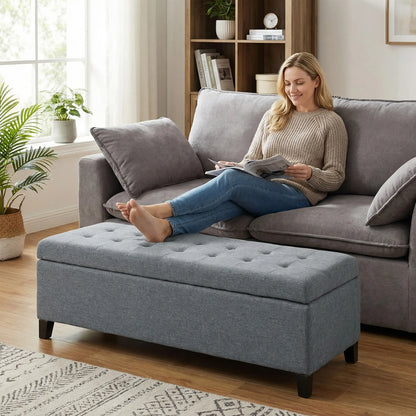 Rectangular Entry Bench, Tufted Upholstered Linen, Wood Feet, Grey Storage Ottomans & Benches at Gallery Canada