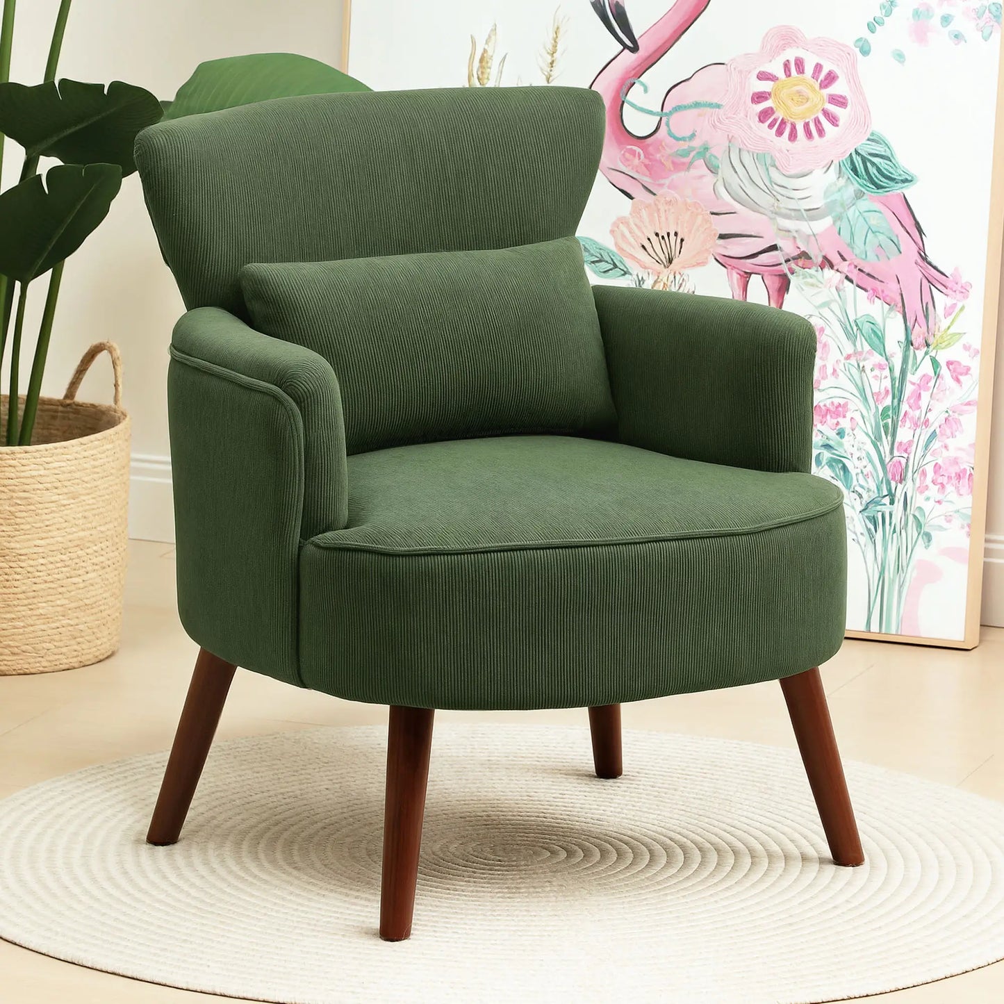 Modern Accent Chair, Upholstered Armchair, Solid Wood Legs, Lumbar Pillow, Green Accent Chairs at Gallery Canada