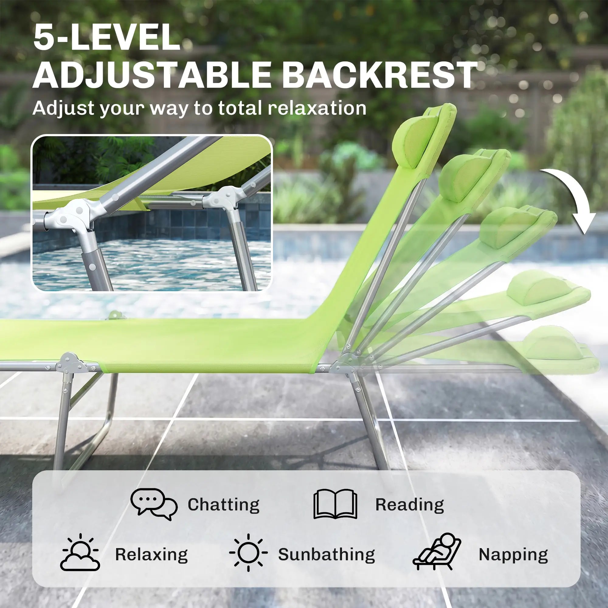 Portable Adjustable Reclining Lounge Chair, Folding Chaise, Light Green Lounger Chairs at Gallery Canada