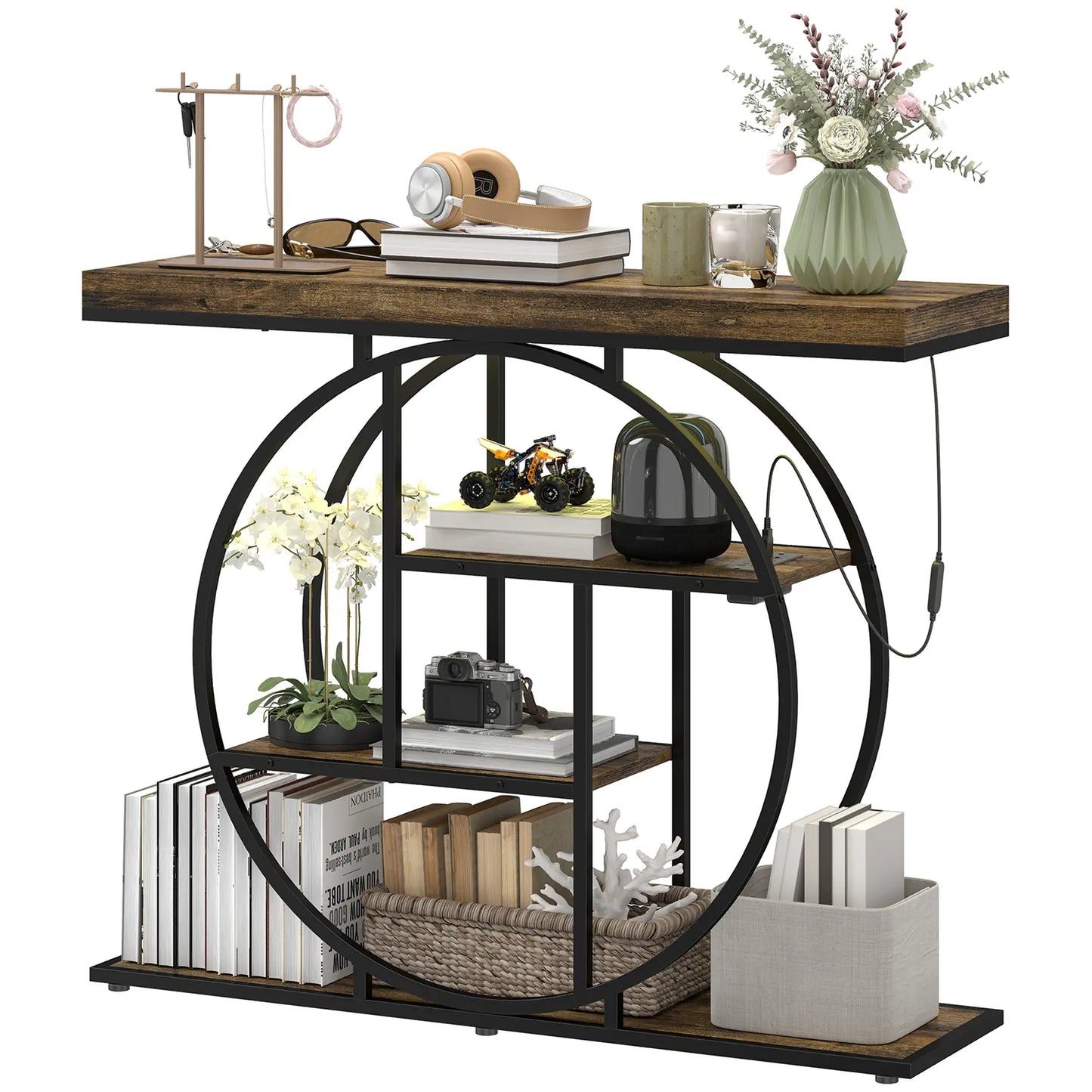 4-Tier Console Table With Charging Station, LED Lights, 39", Rustic Brown Console Tables Rust Brown, Black at Gallery Canada