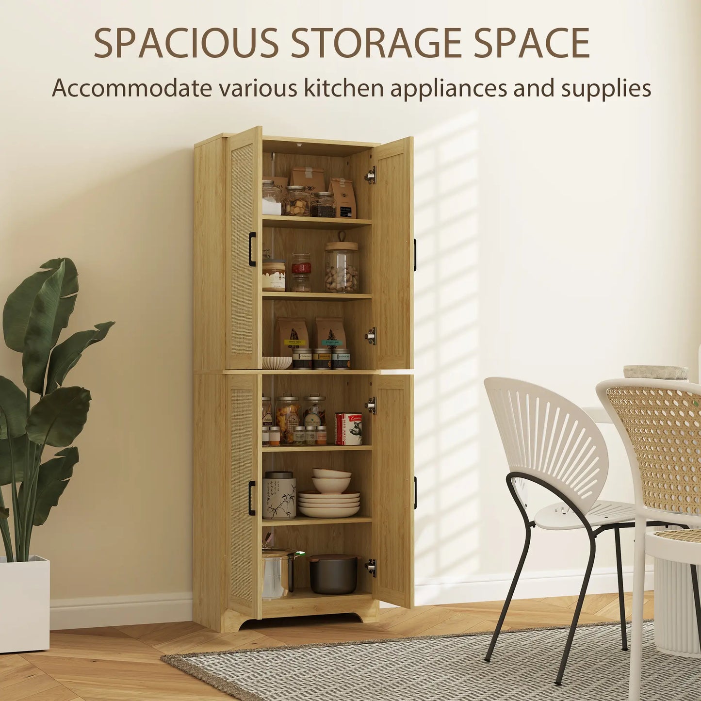 67" Tall Kitchen Pantry, Freestanding Cabinet, 4 Rattan Doors, Adjustable Shelves, Oak Storage Cabinets at Gallery Canada
