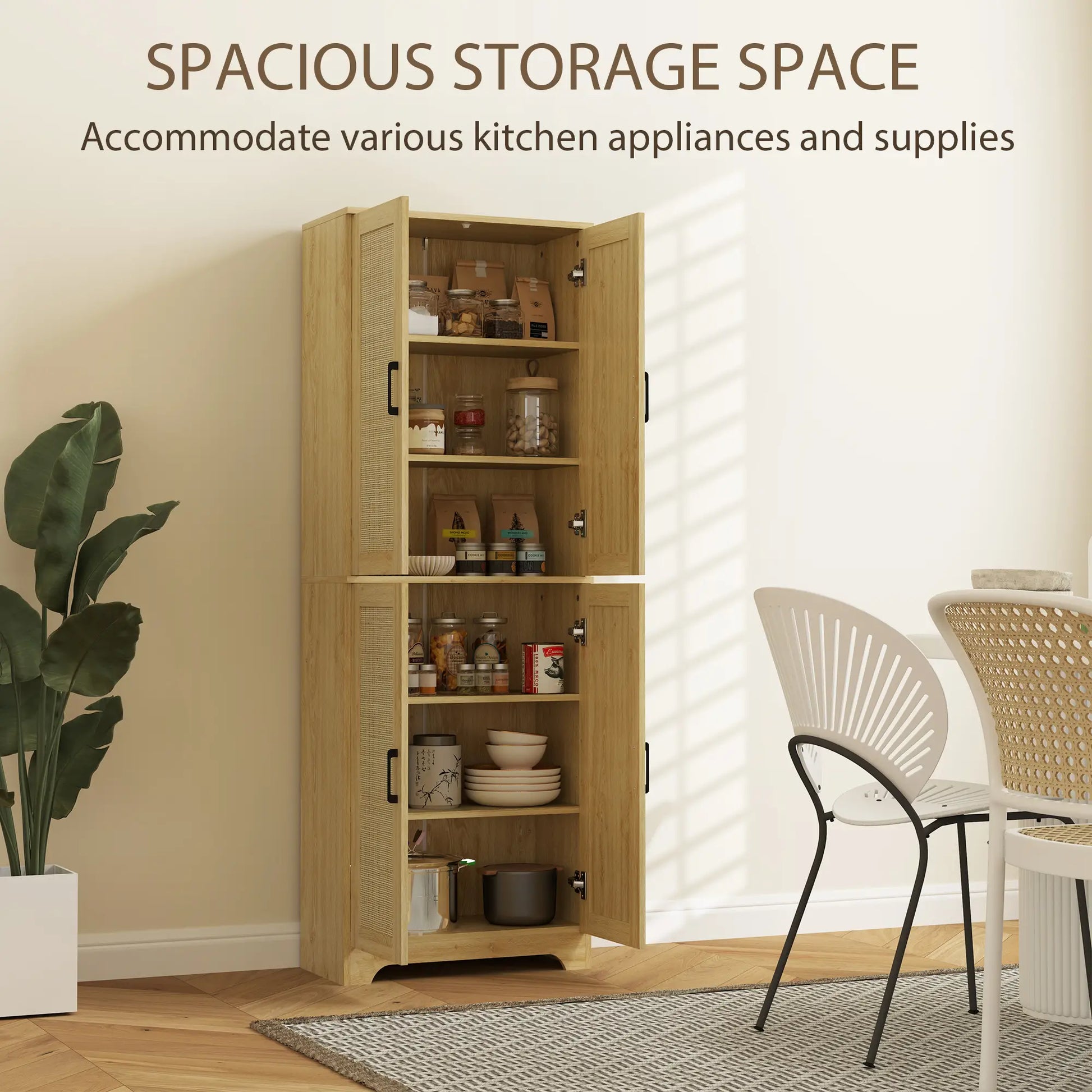 67" Tall Kitchen Pantry, Freestanding Cabinet, 4 Rattan Doors, Adjustable Shelves, Oak Storage Cabinets at Gallery Canada