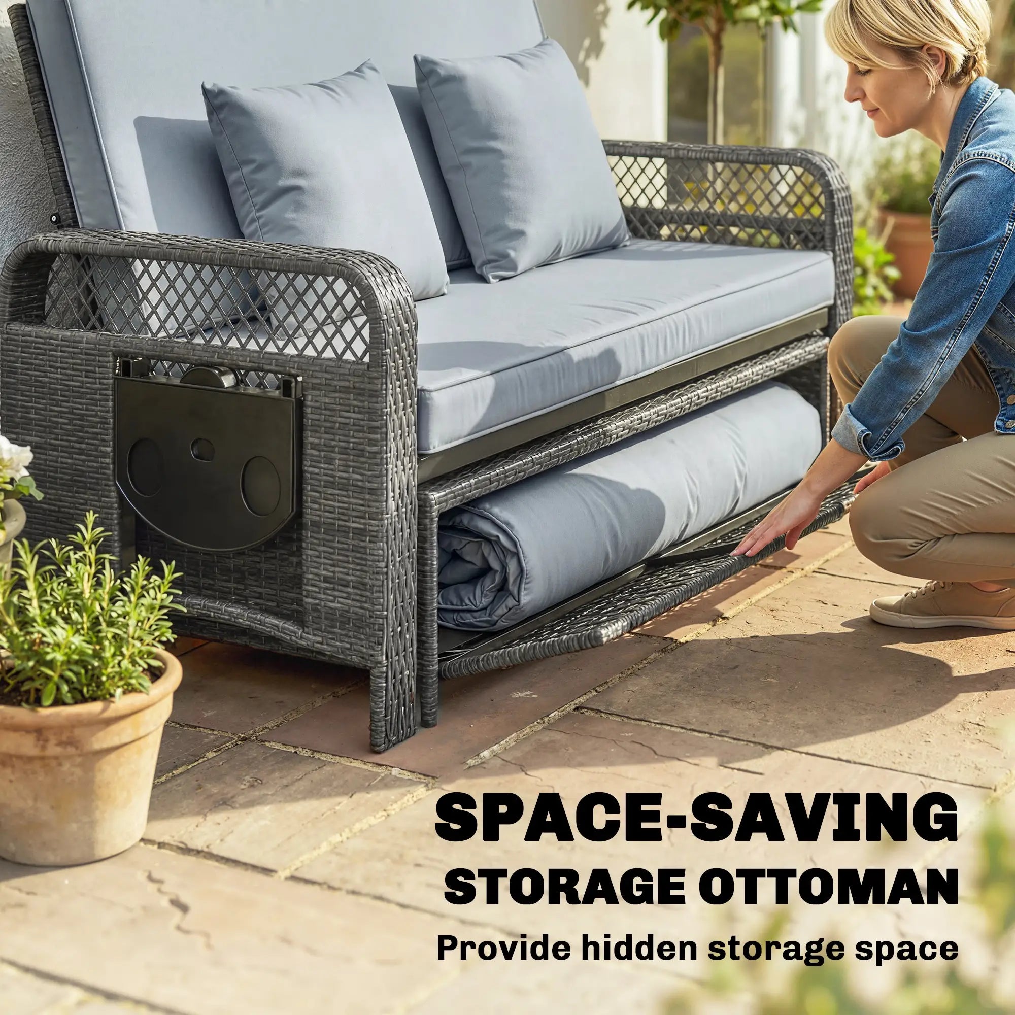 Patio Lounge Chair Set, 2 Pieces With Cushions, Adjustable Backrest, Side Trays Wicker Chaise Loungers at Gallery Canada